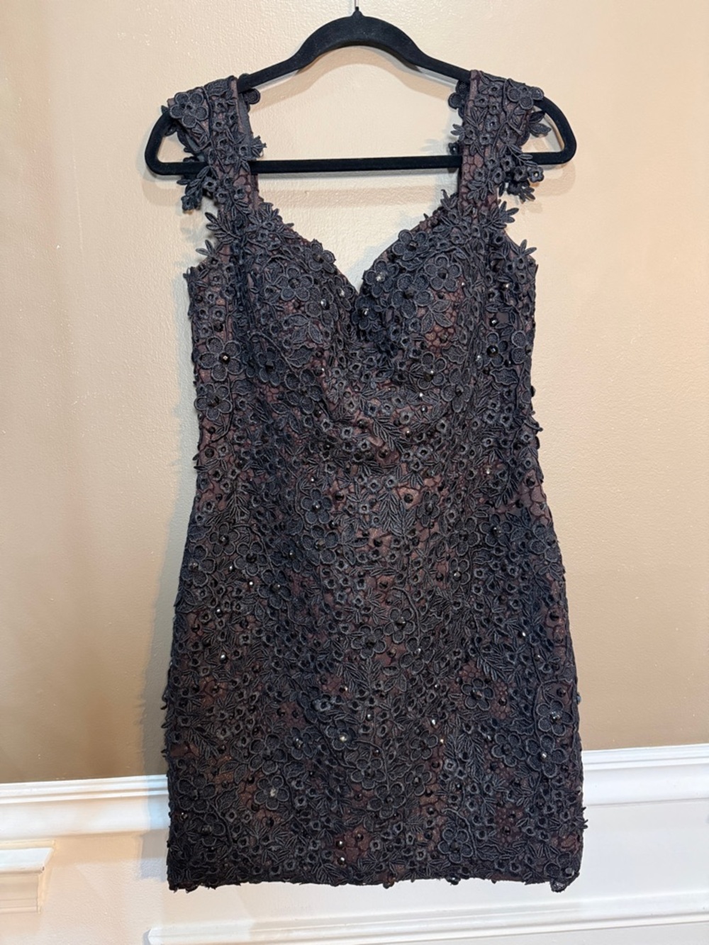Musani Gold Couture Beaded Lace Applique Mini‎ Dress Brown Black 10 Homecoming
